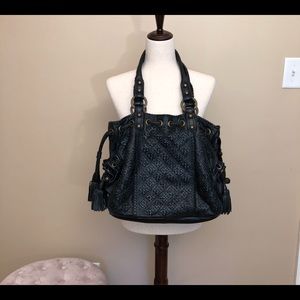 Isabella Fiore Black Fringe Braided Leather Tote